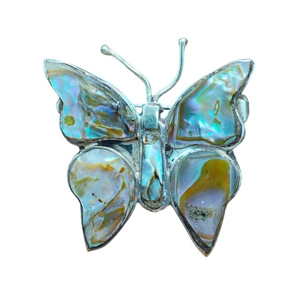 Taxco Jewelry - Vtg Signed Bell 3 LMT 925 Sterling Silver & Abalone Shell Butterfly Brooch Pin